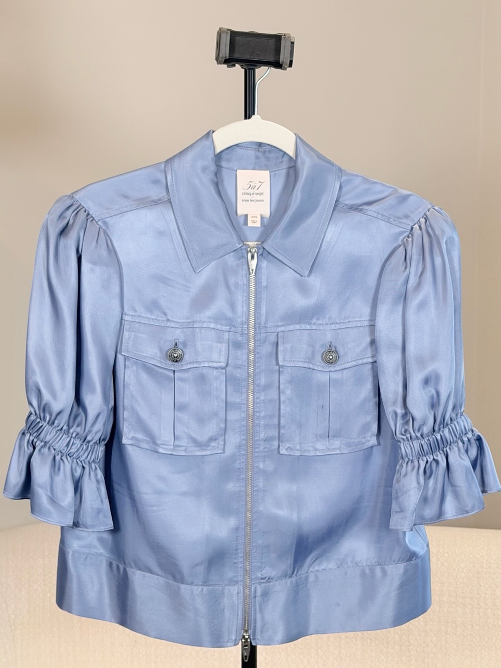 5 à 7 Cinq à Sept Silk Blend Zip Blouse – Powder Blue – Size XXS